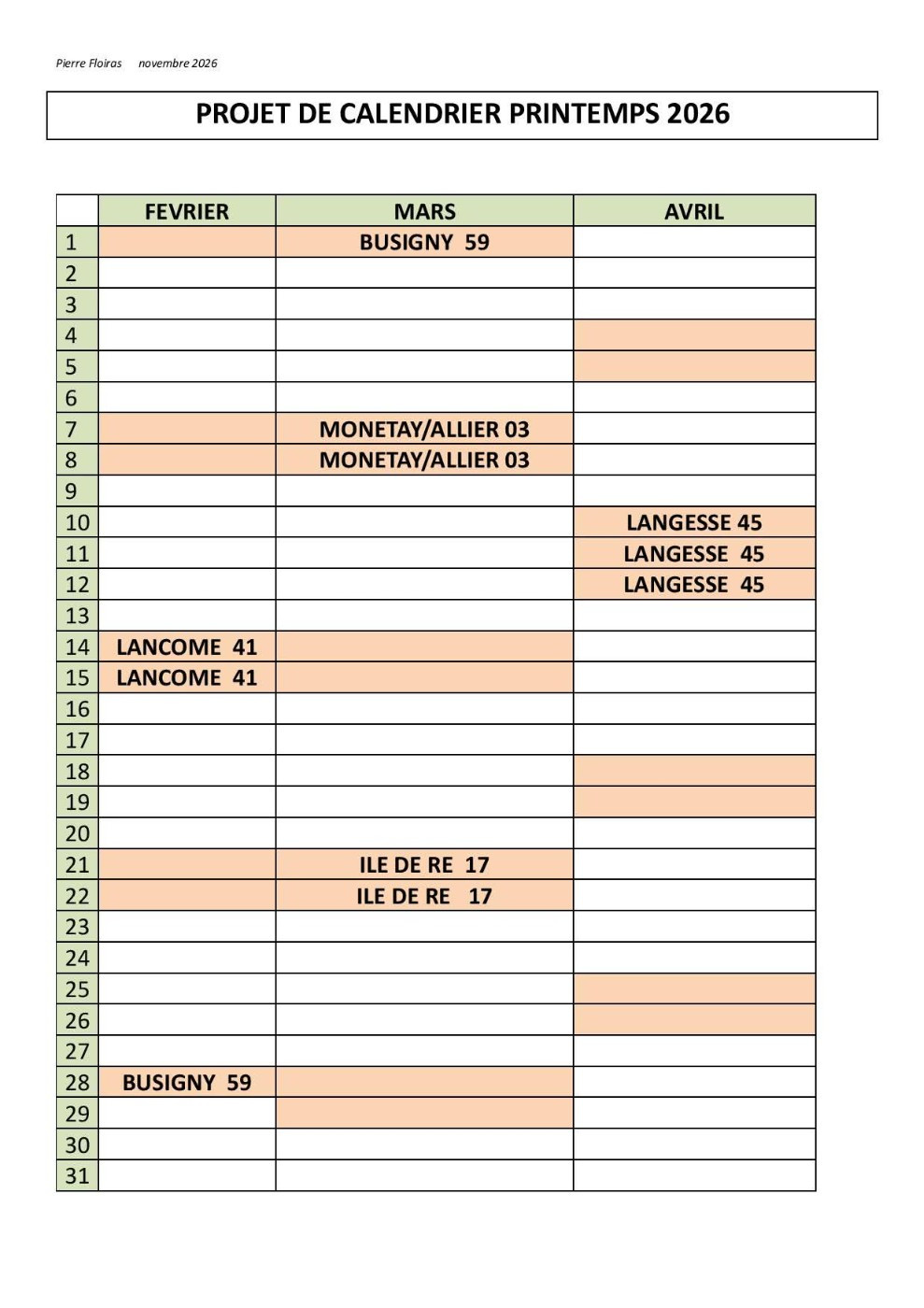 De Beauchezal - Calendrier du field de printemps 2026